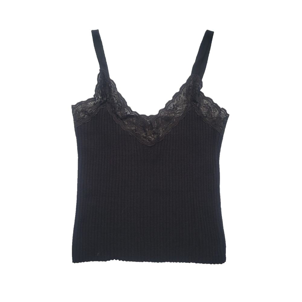 Vintage Y2K Coolwear Lace Trim Tank Top Size M Black Dark Romantic Goth Coquette